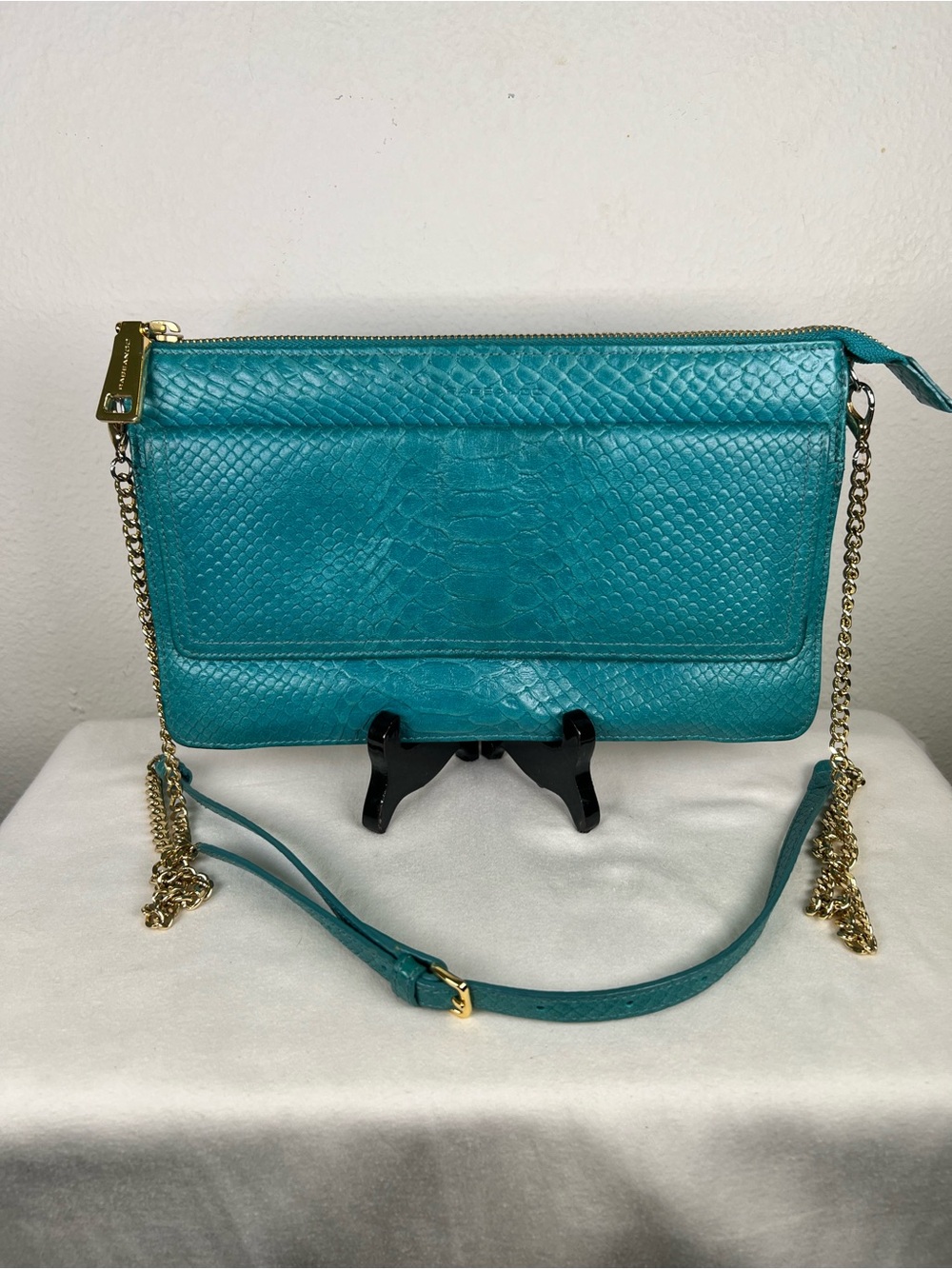 Rabeanco Teal Textured Crossbody/Clutch Bag with Gold Chain Strap